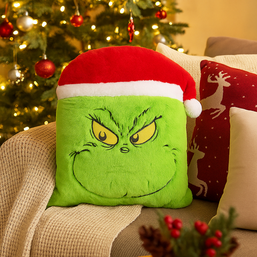 40x40cm plush Grinch cushion with smiling face and red Santa hat, from Dr. Seuss collection