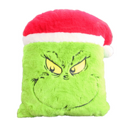 40x40cm plush Grinch cushion with smiling face and red Santa hat, from Dr. Seuss collection