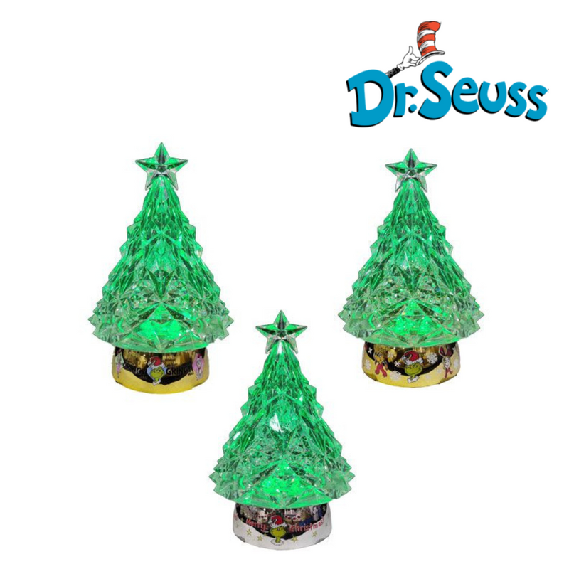 Dr. Seuss Grinch LED Water Spinning Christmas Tree with glitter effect, 23cm holiday décor.