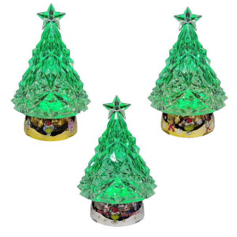 Dr. Seuss Grinch LED Water Spinning Christmas Tree with glitter effect, 23cm holiday décor.