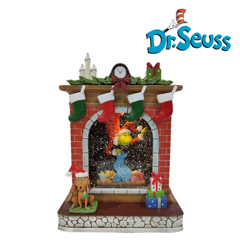 Dr. Seuss Grinch LED Water Spinning Fireplace Scene with glitter and lights, 18x10x26cm Christmas décor