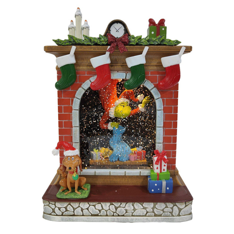 Dr. Seuss Grinch LED Water Spinning Fireplace Scene with glitter and lights, 18x10x26cm Christmas décor