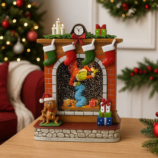 Dr. Seuss Grinch LED Water Spinning Fireplace Scene with glitter and lights, 18x10x26cm Christmas décor