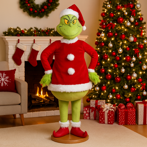 Life-size 183cm Animated Fuzzy Grinch figure with movement and sound – Dr. Seuss Christmas décor