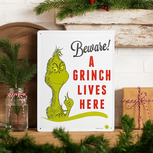 Dr. Seuss Grinch metal sign with “Beware! Grinch Lives Here” text, 35x24cm festive and funny wall décor.