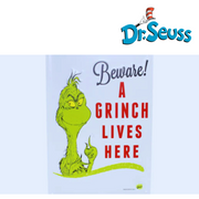 Dr. Seuss Grinch metal sign with “Beware! Grinch Lives Here” text, 35x24cm festive and funny wall décor.
