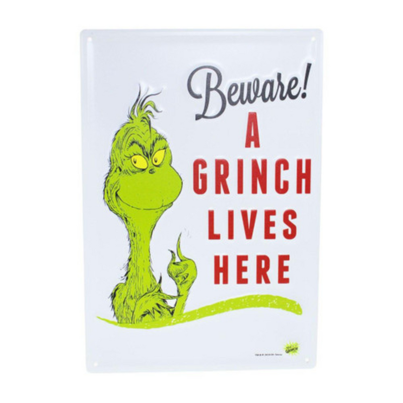 Dr. Seuss Grinch metal sign with “Beware! Grinch Lives Here” text, 35x24cm festive and funny wall décor.