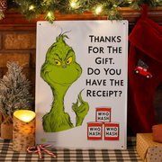 Dr. Seuss Grinch metal sign with “Is There a Gift Receipt?” quote, 35x24cm festive and funny holiday décor.