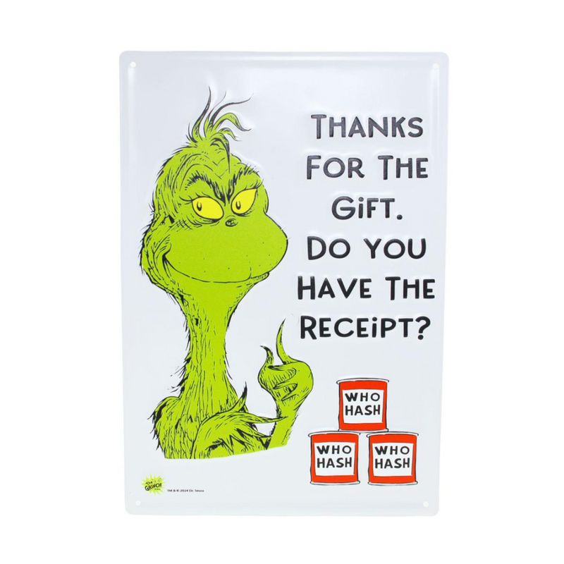 Dr. Seuss Grinch metal sign with “Is There a Gift Receipt?” quote, 35x24cm festive and funny holiday décor.