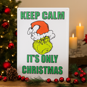Dr. Seuss Grinch metal sign with “Keep Calm... I’m Not Listening” quote, size 35x24cm, funny holiday wall décor.