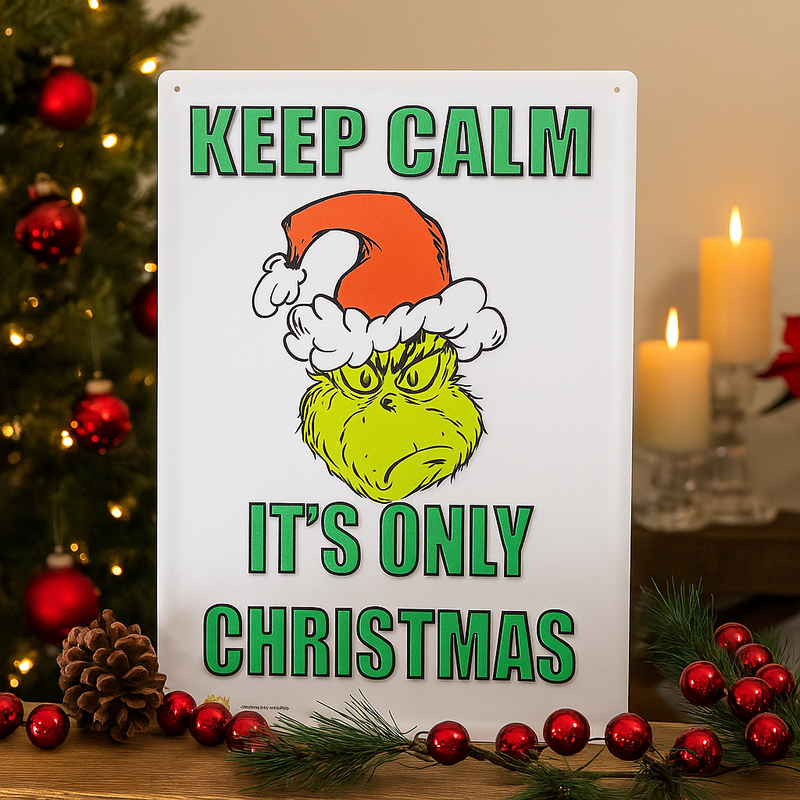 Dr. Seuss Grinch metal sign with “Keep Calm... I’m Not Listening” quote, size 35x24cm, funny holiday wall décor.