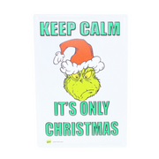 Dr. Seuss Grinch metal sign with “Keep Calm... I’m Not Listening” quote, size 35x24cm, funny holiday wall décor.