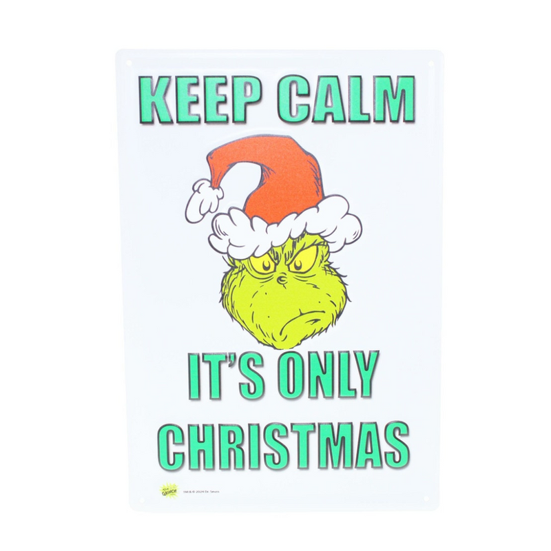 Dr. Seuss Grinch metal sign with “Keep Calm... I’m Not Listening” quote, size 35x24cm, funny holiday wall décor.
