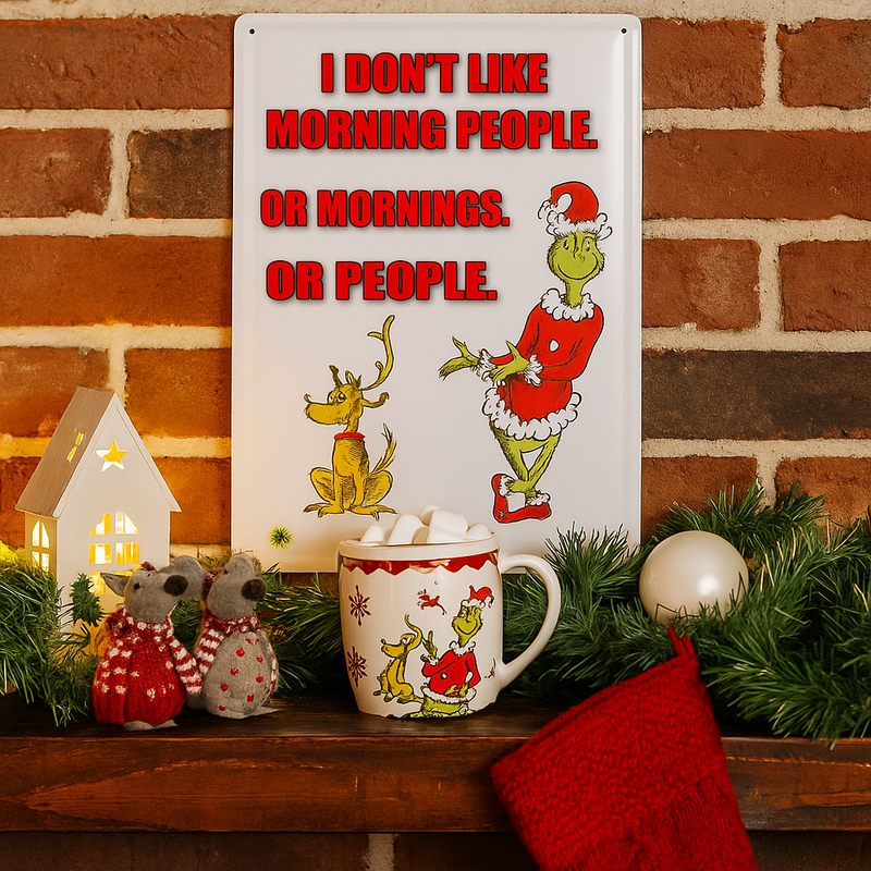 Dr. Seuss Grinch metal sign with “I Don’t Do Mornings or People” quote, size 35x24cm, festive and funny wall décor.