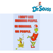 Dr. Seuss Grinch metal sign with “I Don’t Do Mornings or People” quote, size 35x24cm, festive and funny wall décor.