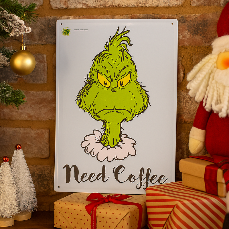 Dr. Seuss Grinch metal sign with “I Need Coffee” quote, 35x24cm, humorous Grinch wall décor for coffee lovers.