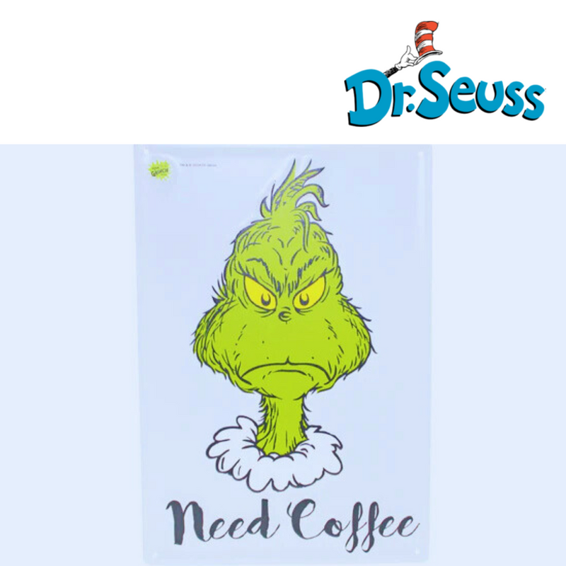 Dr. Seuss Grinch metal sign with “I Need Coffee” quote, 35x24cm, humorous Grinch wall décor for coffee lovers.
