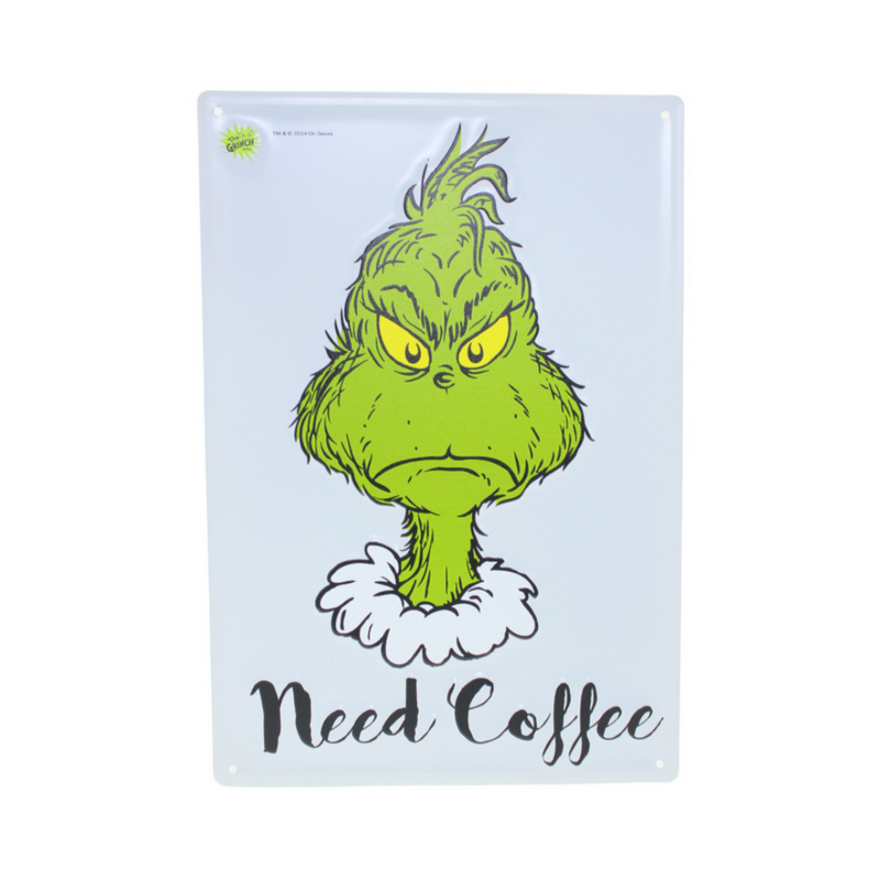 Dr. Seuss Grinch metal sign with “I Need Coffee” quote, 35x24cm, humorous Grinch wall décor for coffee lovers.