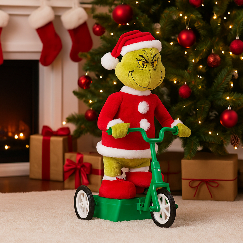 Dr. Seuss Grinch Musical Cruiser figurine with the Grinch riding a red scooter in a Santa suit, smiling mischievously.