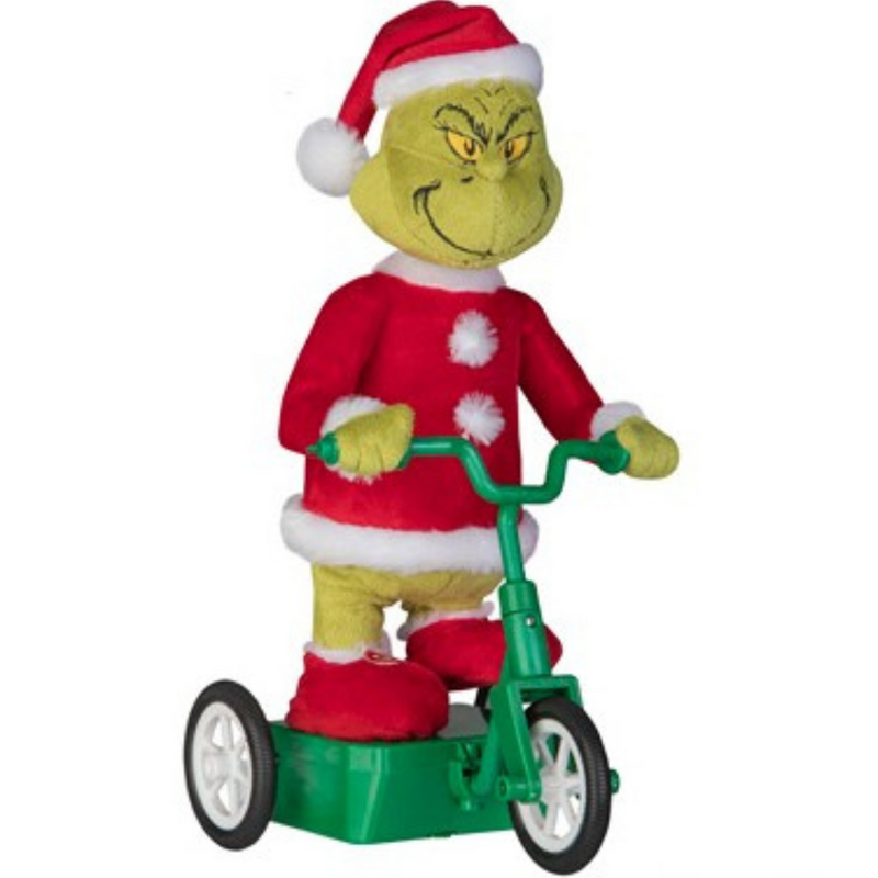 Dr. Seuss Grinch Musical Cruiser figurine with the Grinch riding a red scooter in a Santa suit, smiling mischievously.