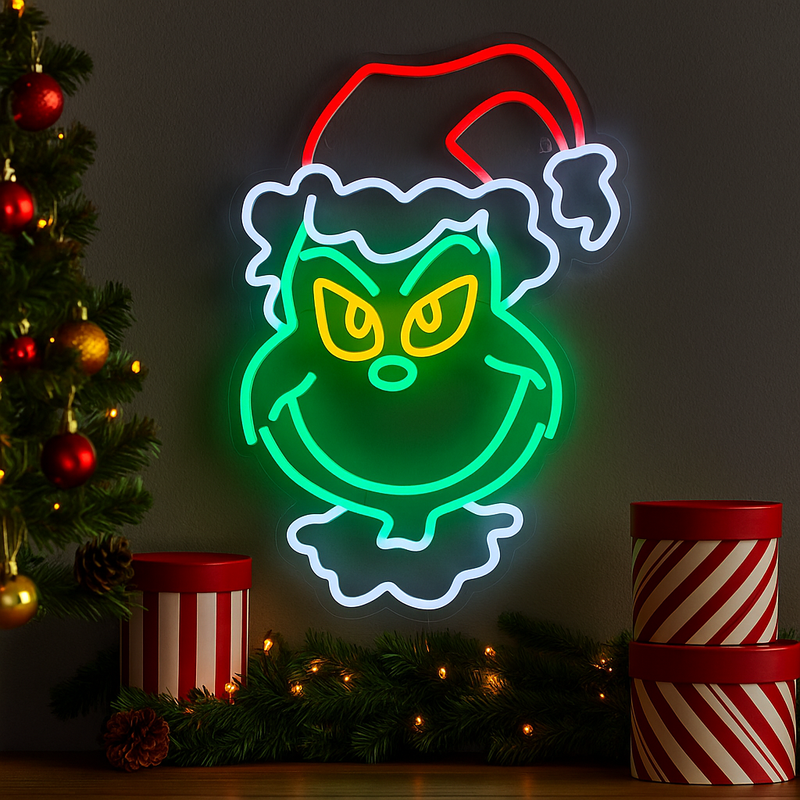 Dr. Seuss Grinch Neon Head Light – Large size featuring glowing LED outline of the Grinch’s face in festive neon style.