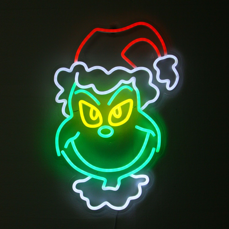 Dr. Seuss Grinch Neon Head Light – Large size featuring glowing LED outline of the Grinch’s face in festive neon style.