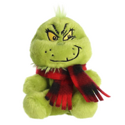12cm Aurora Palm Pals Grinch plush with red scarf and mischievous smile from Dr. Seuss collection
