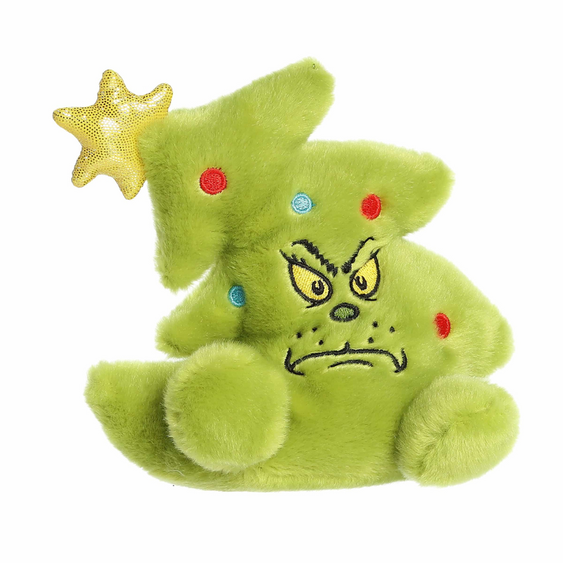 12cm Aurora Palm Pals Grinch plush in Christmas tree costume with star, from Dr. Seuss collection
