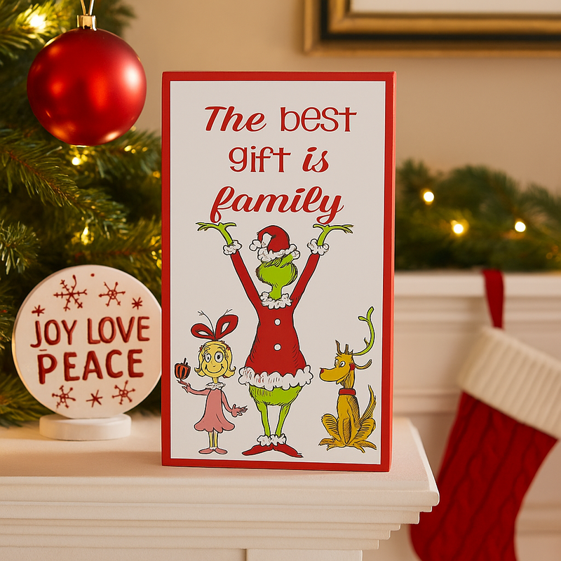 Dr. Seuss Grinch 22x38cm metal sign with “The Best Gift Is Family” quote in festive holiday design.