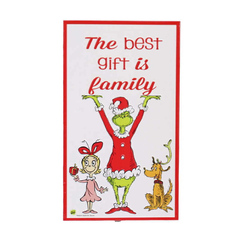 Dr. Seuss Grinch 22x38cm metal sign with “The Best Gift Is Family” quote in festive holiday design.