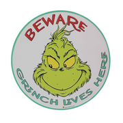 Dr. Seuss Round “Beware Grinch Lives Here” Sign 38cm with colorful Grinch design and festive holiday warning.