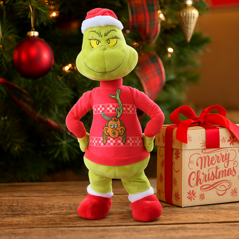 Animated Grinch figure wearing a red Max-themed sweater and Santa hat, side-stepping with a mischievous smile.