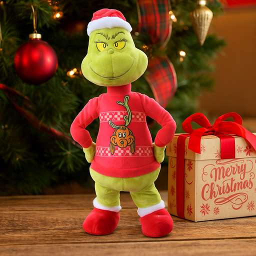 Animated Grinch figure wearing a red Max-themed sweater and Santa hat, side-stepping with a mischievous smile.