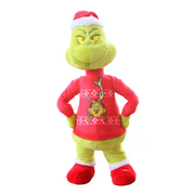 Animated Grinch figure wearing a red Max-themed sweater and Santa hat, side-stepping with a mischievous smile.