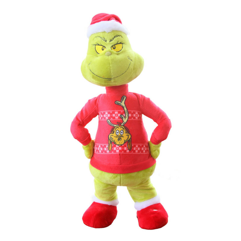 Animated Grinch figure wearing a red Max-themed sweater and Santa hat, side-stepping with a mischievous smile.