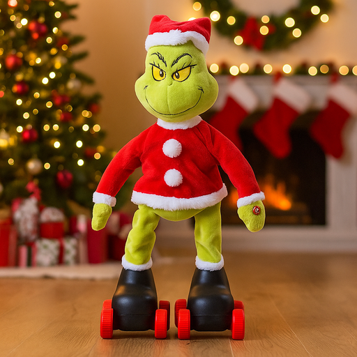 Dr. Seuss Grinch figure doing a skating split, wearing a Santa outfit, with arms wide and a mischievous grin.