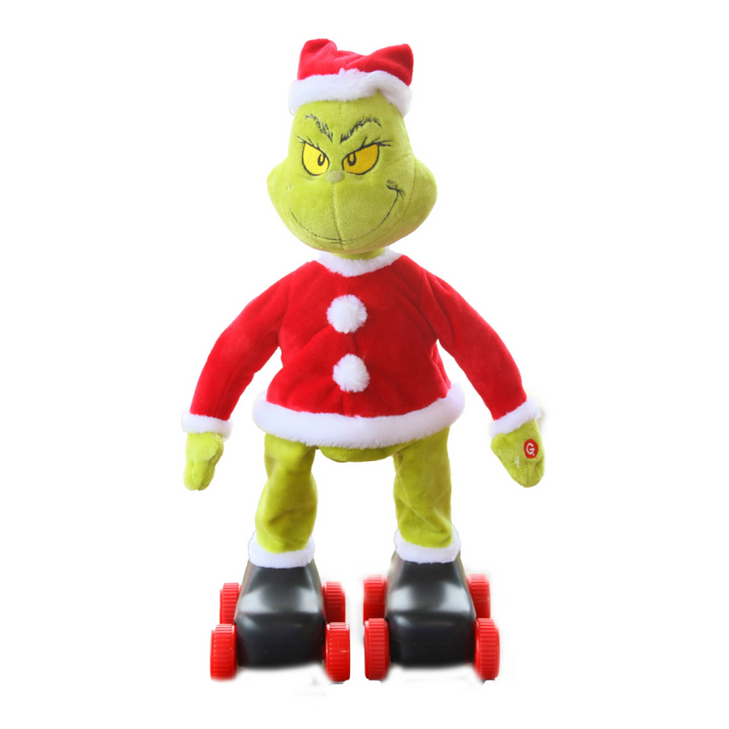 Dr. Seuss Grinch figure doing a skating split, wearing a Santa outfit, with arms wide and a mischievous grin.