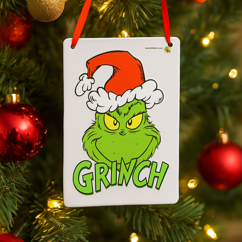 Mini Dr. Seuss Grinch metal sign with classic Grinch head design, 15x10cm holiday decoration.