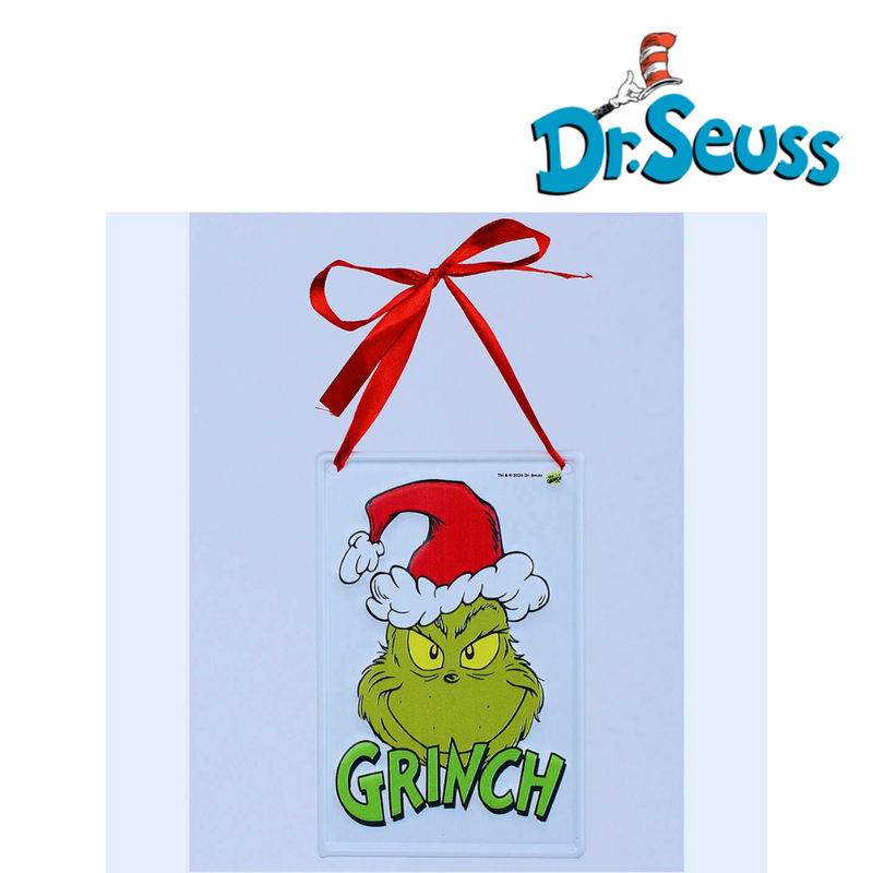 Mini Dr. Seuss Grinch metal sign with classic Grinch head design, 15x10cm holiday decoration.