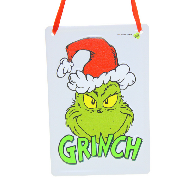 Mini Dr. Seuss Grinch metal sign with classic Grinch head design, 15x10cm holiday decoration.