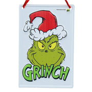 Mini Dr. Seuss Grinch metal sign with classic Grinch head design, 15x10cm holiday decoration.
