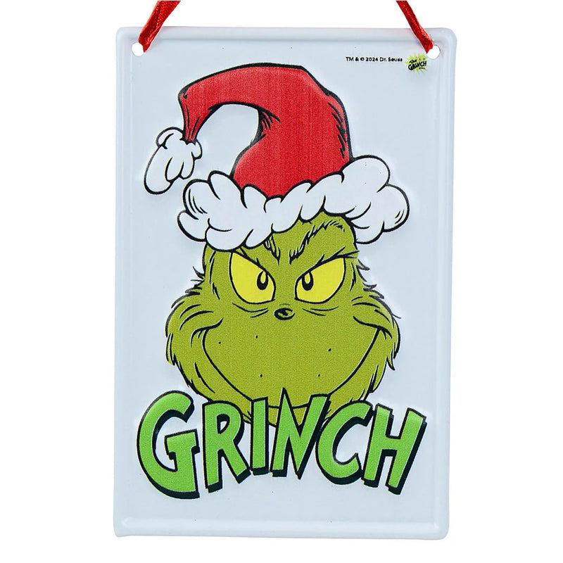Mini Dr. Seuss Grinch metal sign with classic Grinch head design, 15x10cm holiday decoration.