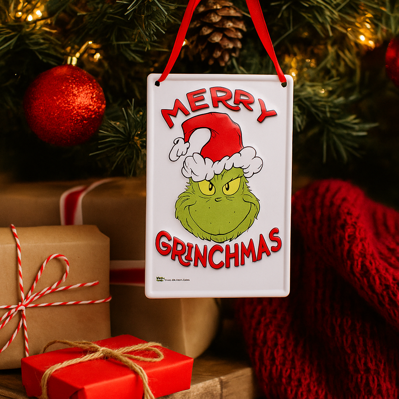 Dr. Seuss Small Metal Sign with “Merry Grinch” design in festive red and green – Grinch holiday decoration, 15x10cm.