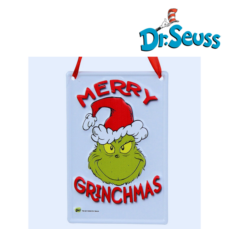 Dr. Seuss Small Metal Sign with “Merry Grinch” design in festive red and green – Grinch holiday decoration, 15x10cm.