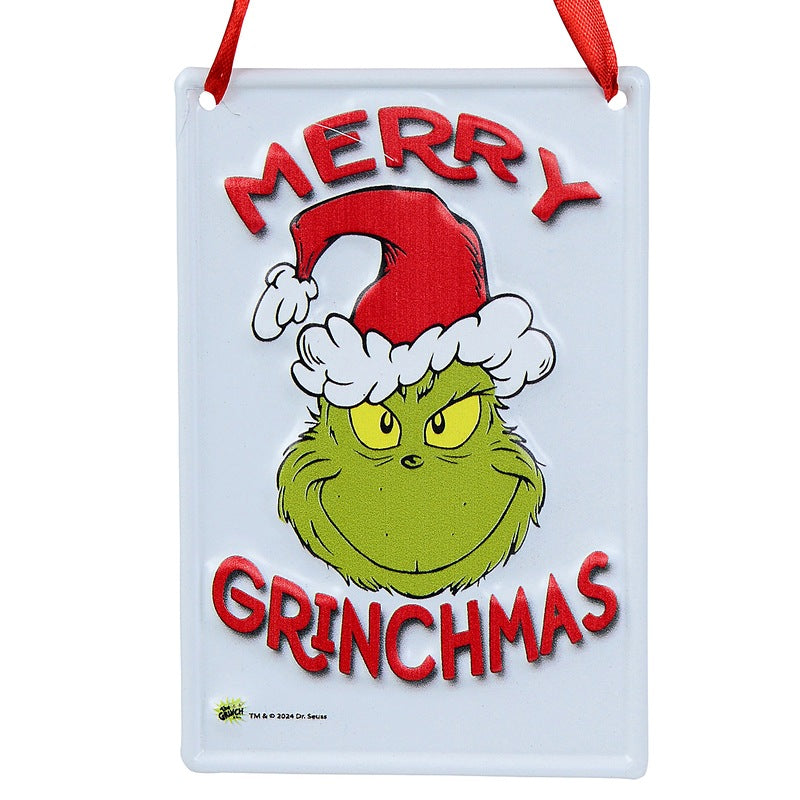 Dr. Seuss Small Metal Sign with “Merry Grinch” design in festive red and green – Grinch holiday decoration, 15x10cm.