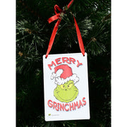 Dr. Seuss Small Metal Sign with “Merry Grinch” design in festive red and green – Grinch holiday decoration, 15x10cm.