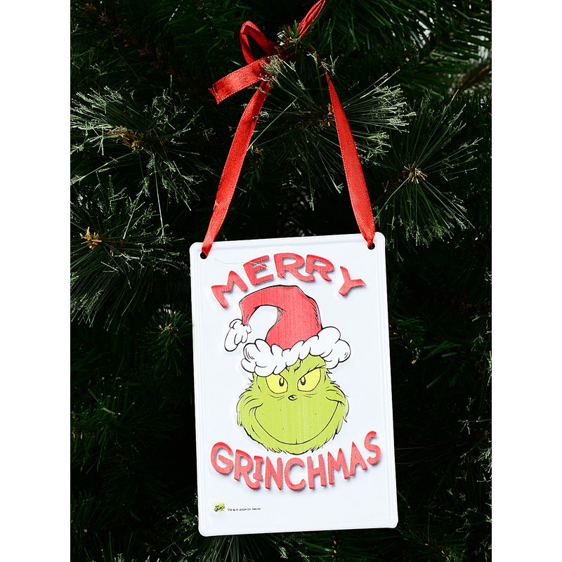 Dr. Seuss Small Metal Sign with “Merry Grinch” design in festive red and green – Grinch holiday decoration, 15x10cm.