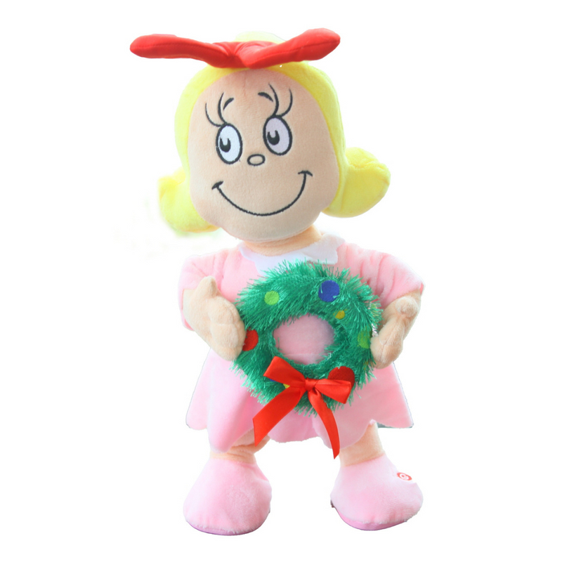 Dr. Seuss Cindy Lou Who figurine holding a green wreath, wearing a pink outfit and bow, animated to side-step with a sweet smile.