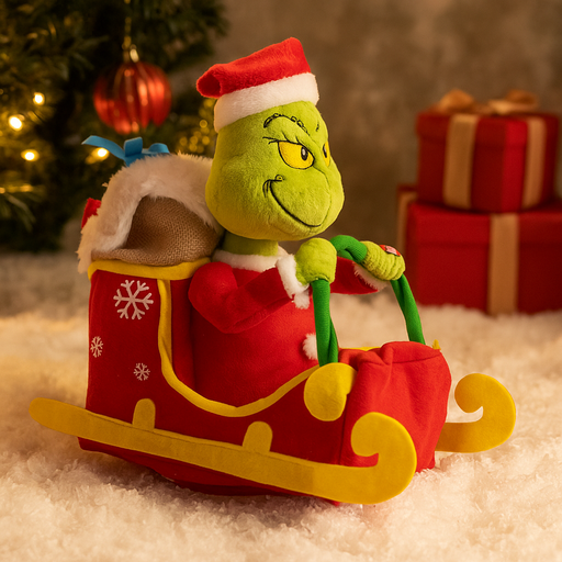 Grinch in a red sleigh full of presents, spinning in motion, wearing a Santa suit with a mischievous grin.