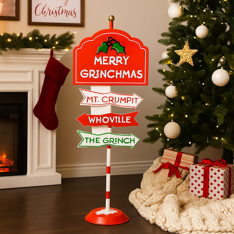 Dr. Seuss Grinch Stand Sign featuring a colorful freestanding Grinch character with festive holiday design.